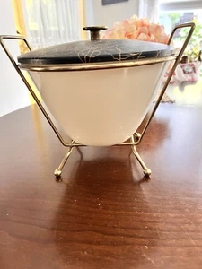 Vintage MCM Atomic Fire King Covered Bowl with Black/Gold Metal Stand - Picture 1 of 13