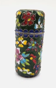 Cloisonne Green Enamel Toothpick Match Holder with Lid Multicolor Flower - Picture 1 of 6