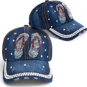 Women's Bling-Embellished Distressed Denim Flip-Flops Adjustable Baseball Hat 1 - Picture 1 of 12