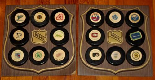 Rare 1972 Set 16 NHL Hockey Pucks & Shields Blue Bonnet Chipits Standard Brands!