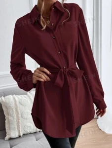 SHEIN Privé  Burgundy Solid Button Front Belted Shirt Size L - Picture 1 of 3