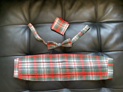 IMPRESIONANTE CONJUNTO CUADRADO DE PAJARITA/FAJA/BOLSILLO A CUADROS TARTÁN 100 % SEDA DE COLECCIÓN Foto 1 de 4