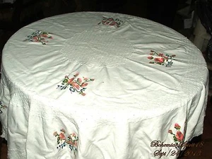 ANTIGUA DÉCADA DE 1930 ROPA DE MESA REDONDA BORDADA A MANO ROPA DE CAMA FRANCESA DE COLECCIÓN - Imagen 1 de 6