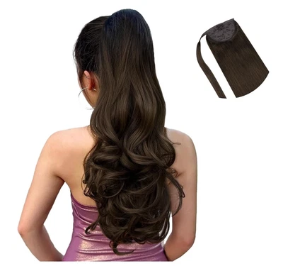 14 Inch Ponytail Extension Long Straight Remy Human Hair 2A Light Dark Brown 75g - Image 1 of 4