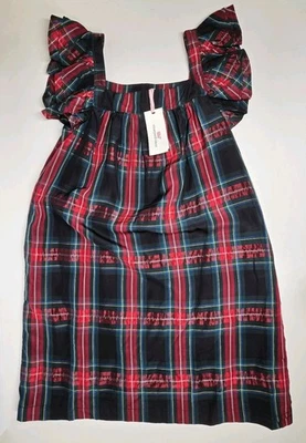 Vineyard Vines Apres Tartan Flutter Sleeve Dress Girl's L Black Red Holiday Chic - Image 1 of 4