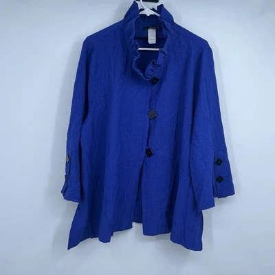 Moonlight Mujer XL Blusa Manga Campana Volantes Cuello Botón Chaqueta Azul Artística Foto 1 de 4