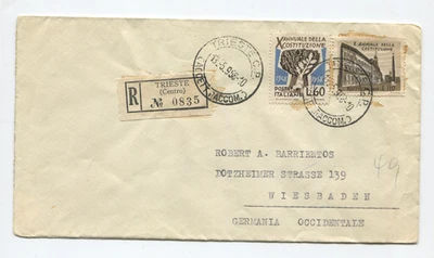 Italia 1958 Cubierta Registrada Trieste a Wiesbaden Alemania Constitución Edición SC#798-9 Foto 1 de 3