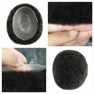 Mens Human Hair System Afro Curl Poly Skin Toupee Curly Black Hair Pieces - Image 1 of 4