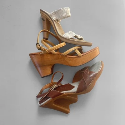 Lote de 3 pares de zapatos de madera con plataforma de goma de tacón de madera de los años 70 talla 5,5-6,5  Foto 1 de 4