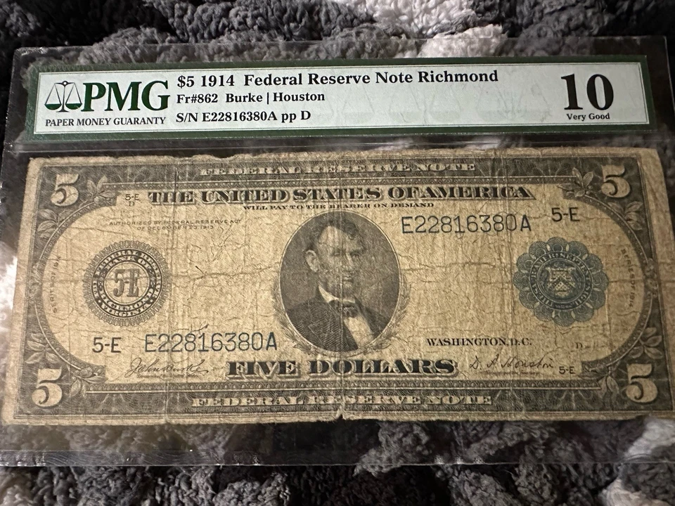 1914 $5 Federal Reserve Note, Richmond VA, Fr#862 PMG 10 Very Good - Image 1 of 4