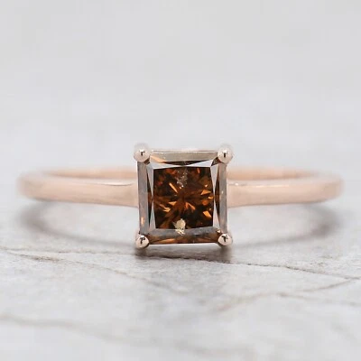 1.00 Ct Princess Cut Brown Color Diamond Ring 14K Rose Gold Engagement Gift Ring - Image 1 of 4
