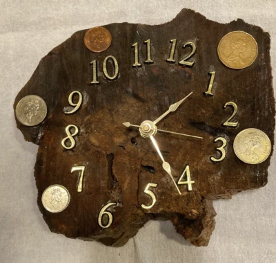 Handmade Clock on a Slice of Wood w Queen Elizabeth Coins - Image 1 of 4
