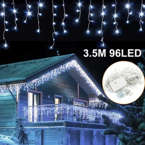 96 LED Icicle Fairy Curtain String Lights Indoor Outdoor Christmas Wedding Party - Picture 1 of 11