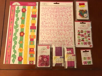 Doodlebug Design Pretty Pink Flower Bright Garden Embellishment Bundle Lot - Image 1 of 4