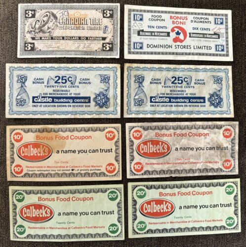 Canadian Tire 3 Cents & Other Commercial Coupons. Low Grade, Some Scarce (8)