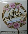 1 X "Happy Anniversary" Pink Flower Acrylic Gold Wedding Cake Topper Decoration