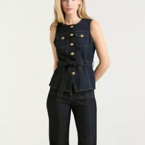 Cinq À Sept Womens NEW Indigo Denim Round Neck Sleeveless Casual Button Vest - Picture 1 of 8