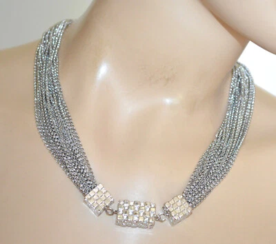 Collana donna argento multi fili catena girocollo collier ciondolo strass UN46 - Immagine 1 di 4