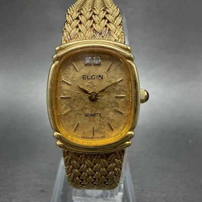Elgin Watch Women 19mm Gold Dial Gold Tone Rectangle FK283 New Battery VTG - Image 1 of 4
