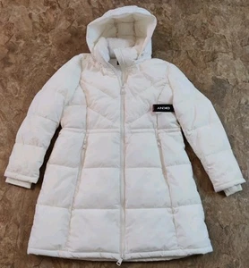 DKNY Women's Chevron Walker Long Puffer Coat Removable Hood Pearl XL - Picture 1 of 9