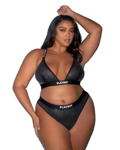 Plus Size Playboy Disco Fever Strass schwarz Bralette & Tanga Höschen Dessous - Bild 1 von 9