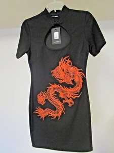 Fashion Nova Mini Bodycon Dress Large Dragon Cutout Oriental Black Nehru - Picture 1 of 8