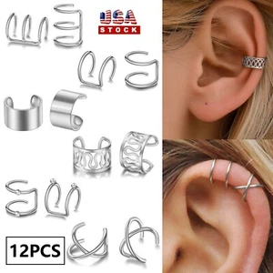 12PCS Punk Ear Clip Cuff Wrap Fake Earring Stud Hoop Non Piercing Body Jewelry - Picture 1 of 16