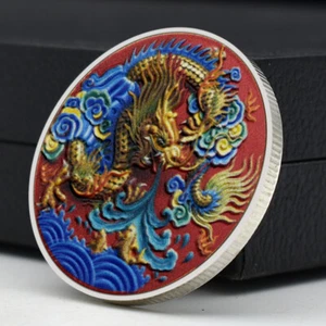 Bunte versilberte Medaille chinesischer Drache Gedenkmünze altes Tier - Bild 1 von 12