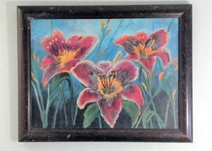 70er Jahre Impressionismus Gemälde - ROT GELBE LILIEN - Original Leinwand SIGNIERT GERAHMT - Bild 1 von 10
