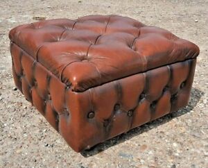 Large Vintage Antique Brown Leather Chesterfield Ottoman Footstool