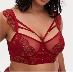 TORRID Curve Strappy Lurex Lace Underwire Bra Size 3 (3X) Unlined Sexy Red Gold - Picture 1 of 8