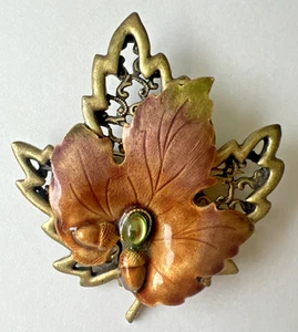 Vtg Kenneth Cole Brooch ~ Leaf, Acorn, Green Stone ~ Gold-Tone  ~ Estate KC - Picture 1 of 7