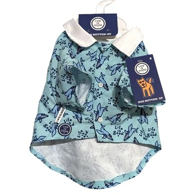 Camisa Life is Good Pet Perro Pequeño Ligera Abotonada Azul Tiburón Manga Corta Foto 1 de 4