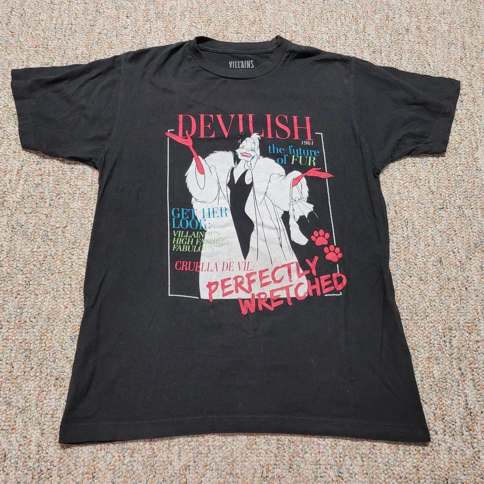 Camisa Disney Para Hombres Mediana Negra Villanos Cruella Deville 101 Dalmations Diavilish Foto 1 de 4