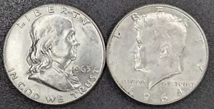 1963 USA 50C Franklin Silber Half Dollar und 1964 Kennedy AU + Münzen - Bild 1 von 2