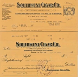 1922 Dallas Texas SOUTHWEST CIGAR TOBACCO Billhead & BANK CHECK draft C. NEPTUNE - Bild 1 von 1