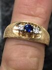 SOLID 14K YELLOW GOLD DIAMOND &amp; BLUE SAPHIRE RING SIZE 7.5