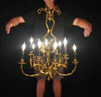 Espectacular Lámpara Antigua Francesa de Latón 10 Luces Putti Querubín Neptuno Imperio Foto 1 de 4