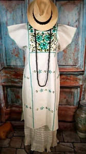 L/XL Huipil Dress Hand Embroidered 100% Cotton Manta Oaxaca Mexican Folk Peasant - Picture 1 of 12