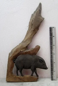 Realistic Golden Teak Wood Wild Boar PIg Plaque Somsak Meewan - Picture 1 of 3