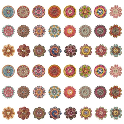 300pcs Printed Wooden Buttons 2-Hole Mixed Pattern Colorful Flower Sewing 20mm - Image 1 of 4