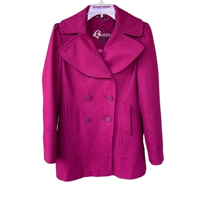 Guess Jacket Women's Sz Small Dark Hot Pinky Purple Pea Coat Wool Blend Lined - Image 1 of 4