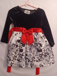 RARE EDITIONS Girls SZ 3T Black/White Satin Party Dress w/Red Bow/Sash Was $72 - Picture 1 of 4