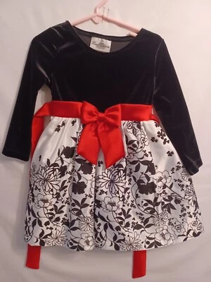 RARE EDITIONS Girls SZ 3T Black/White Satin Party Dress w/Red Bow/Sash Was $72 - Image 1 of 4