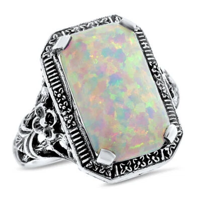 NOUVEAU 925 STERLING SILVER LAB-CREATED OPAL ANTIQUE STYLE RING SIZE 9      #764 - Image 1 of 3