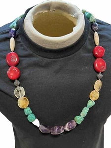 Bares Sterling Coral Turquoise Amethyst Citrine Stone Statement Necklace - Picture 1 of 5