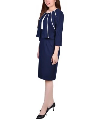 NY Collection Petite Contrast Piping Jacket Women's 14P Navy/White 3/4 Sleeve - Image 1 of 4