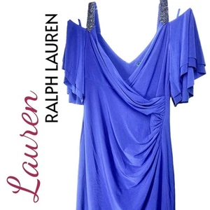 NWT LAUREN RALPH LAUREN COBALT BLUE COLD SHOULDER RUCHED COCKTAIL DRESS SIZE 10P - Picture 1 of 10