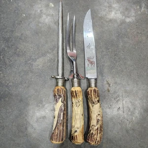 De colección Anton Wingen Jr. Solingen 3 piezas Juego de tallado de mango de asta de ciervo hoja grabada - Imagen 1 de 14