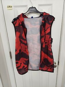 Unbranded Women zip vest hooded jacket red geo print pocket lightweight slvless